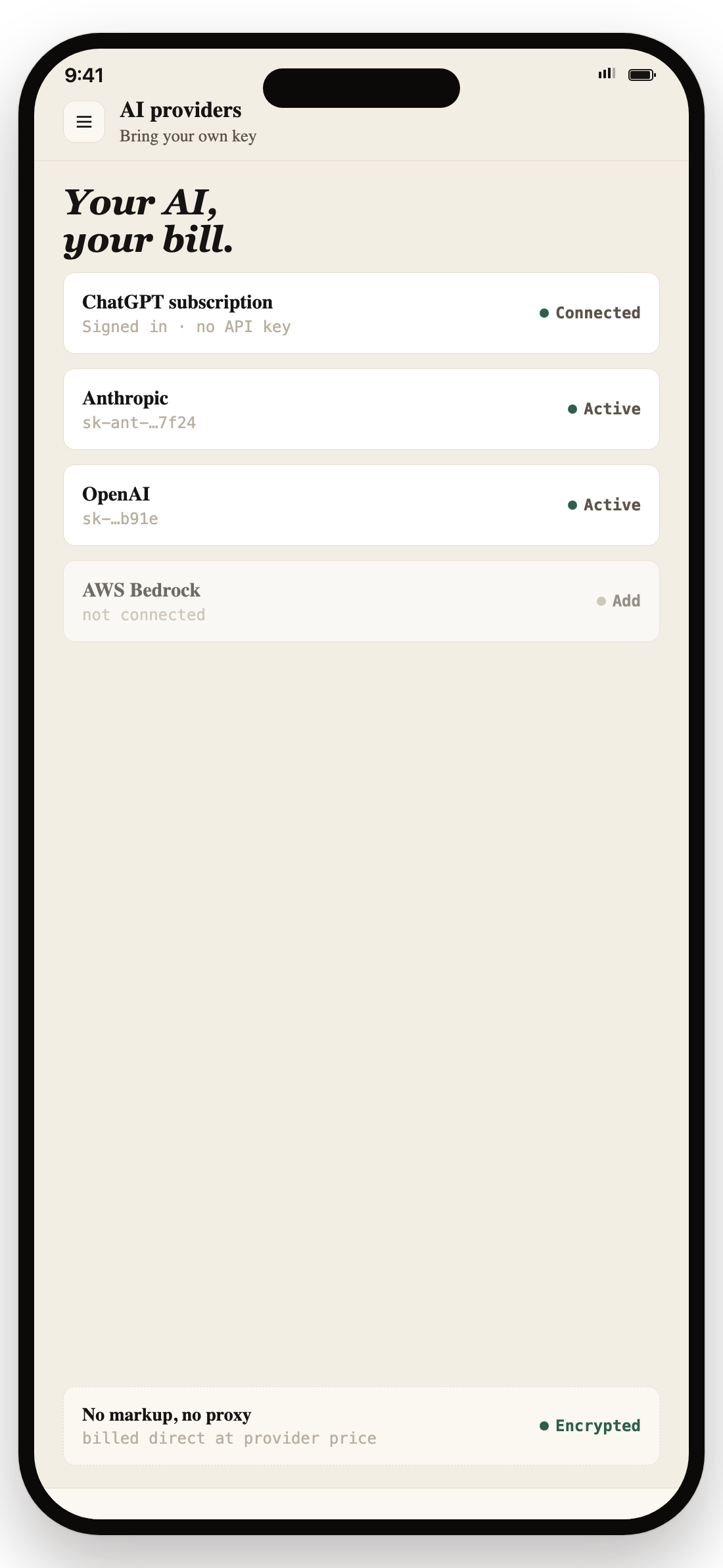 AI providers screen on iPhone: ChatGPT subscription connected, plus Anthropic and OpenAI API keys.