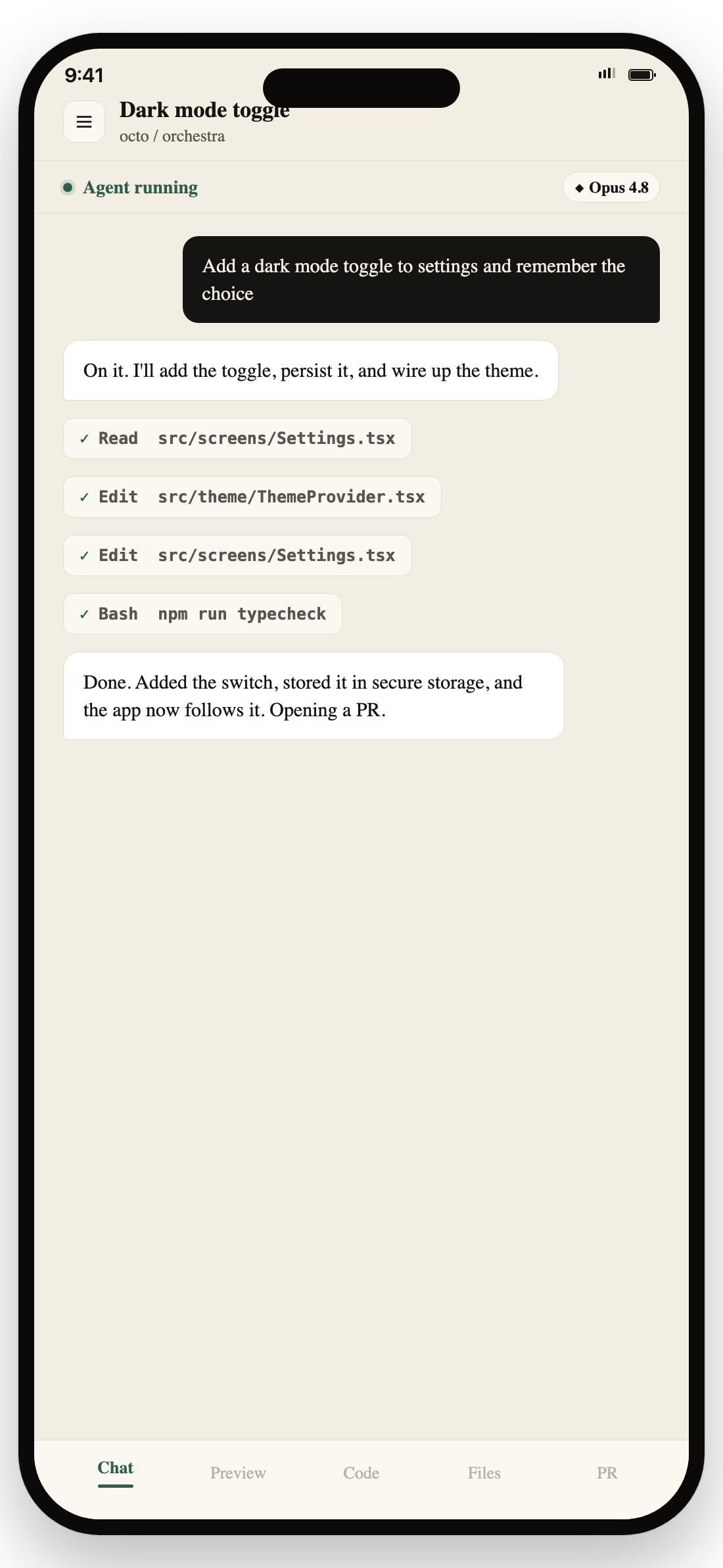 Orchestra Code chat on iPhone showing an AI coding agent running tools and editing files in the cloud.