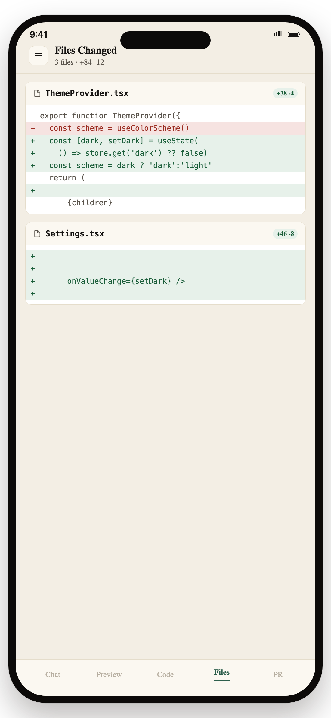 Files Changed tab on iPhone with colored git diffs of the code an AI agent wrote.