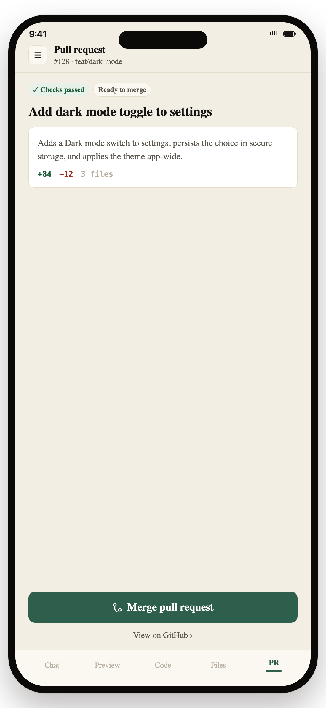 Pull request screen on iPhone with a merge button, opening and merging a PR from mobile.