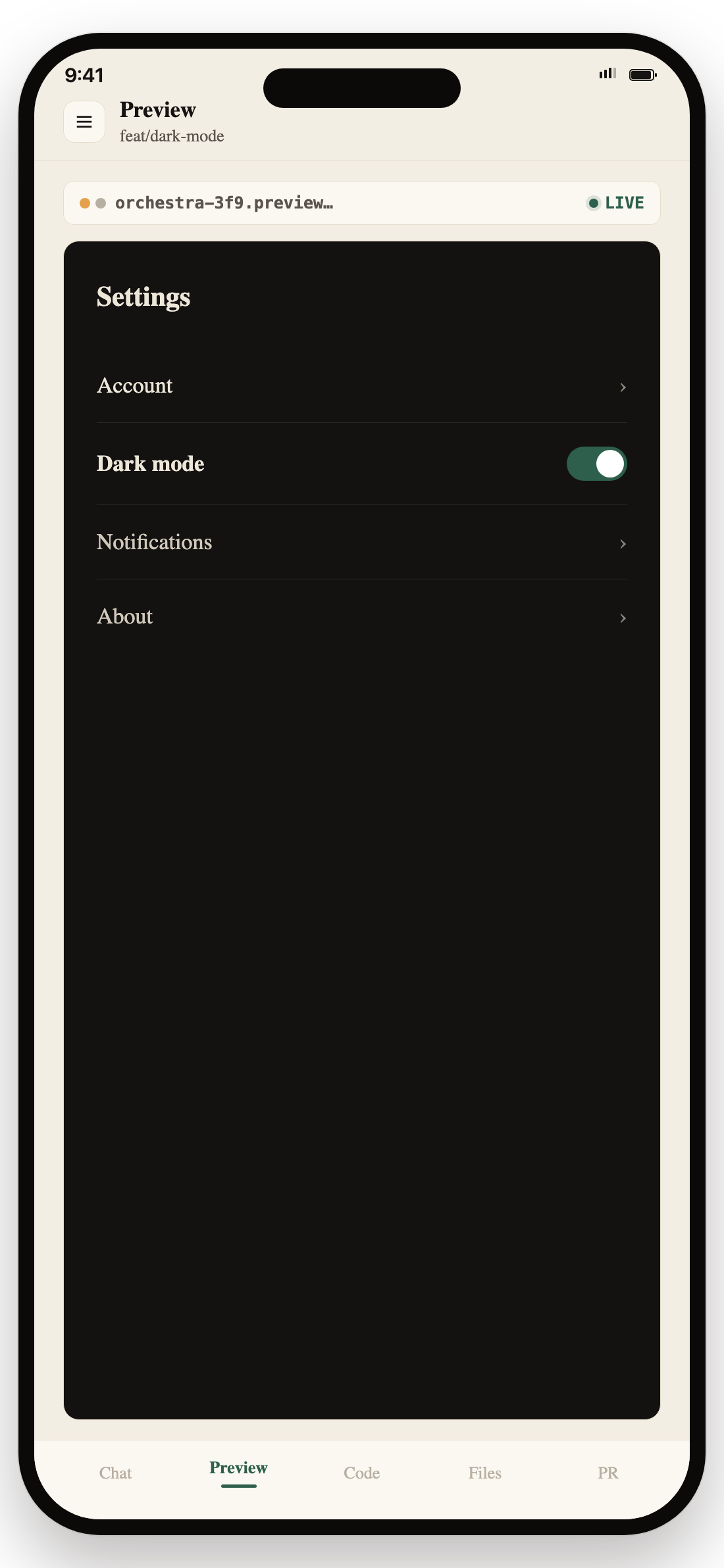 Live preview of an app running on iPhone from an Orchestra Code task.